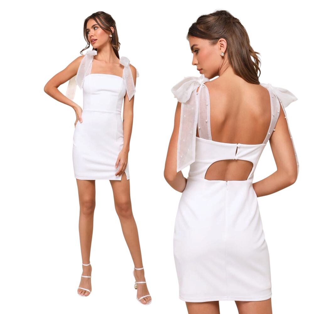 Lulus Beaming Perfection White Pearl Organza Tie-Strap Mini Dress size M